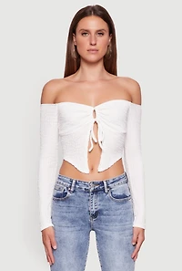 Womens Trendy Off Shoulder Textured Knit Tie Front Crop Top, White, Size M