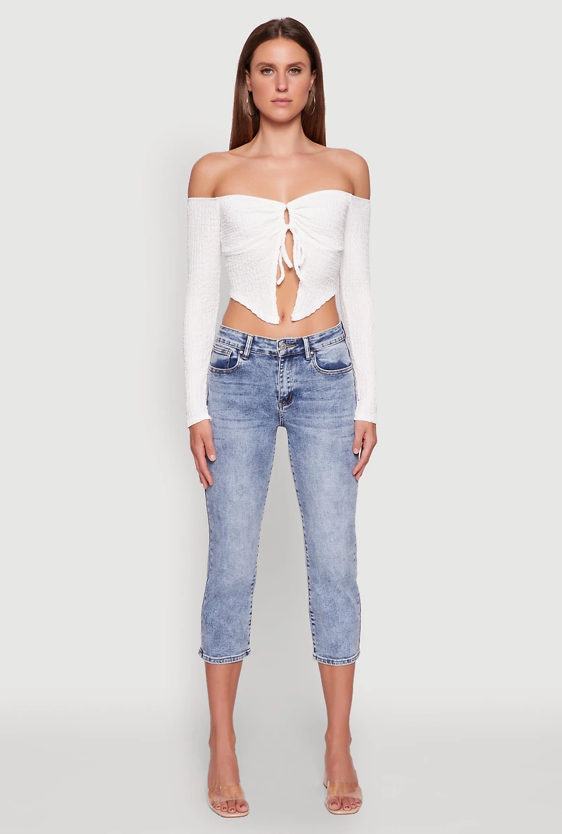 Womens Trendy Off Shoulder Textured Knit Tie Front Crop Top, White, Size M