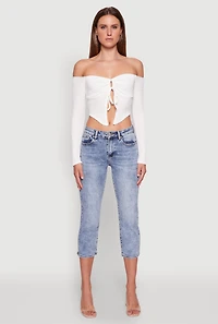 Womens Trendy Off Shoulder Textured Knit Tie Front Crop Top, White, Size M