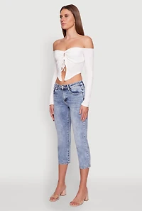 Womens Trendy Off Shoulder Textured Knit Tie Front Crop Top, White, Size L