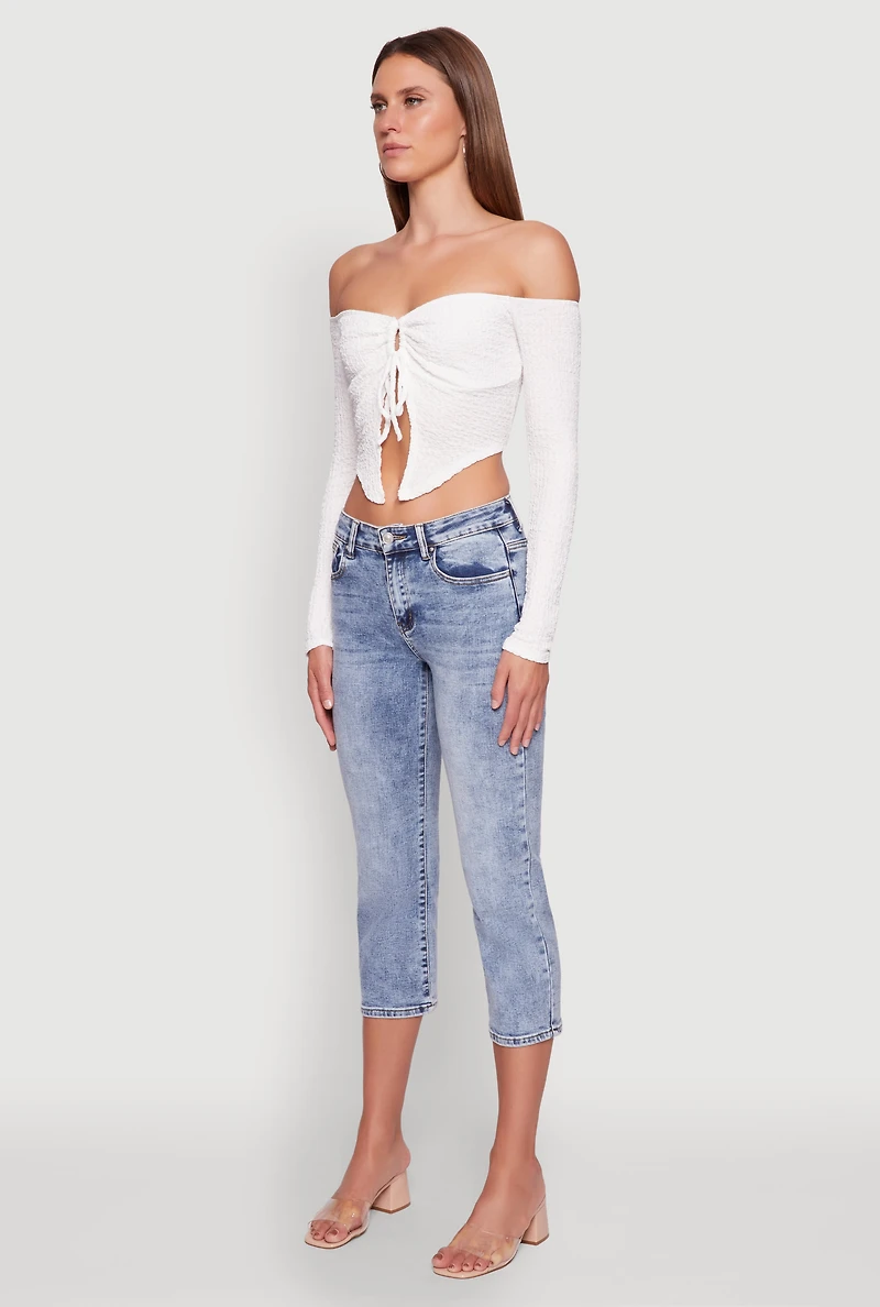 Womens Trendy Off Shoulder Textured Knit Tie Front Crop Top, White, Size M