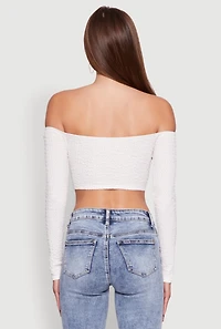 Womens Trendy Off Shoulder Textured Knit Tie Front Crop Top, White, Size M