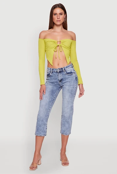Womens Trendy Off Shoulder Textured Knit Tie Front Crop Top,