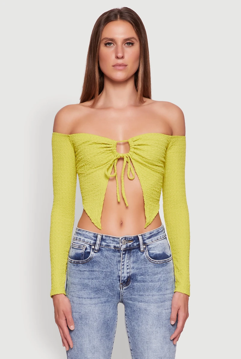 Womens Trendy Off Shoulder Textured Knit Tie Front Crop Top, Green, Size S