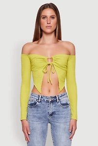 Womens Trendy Off Shoulder Textured Knit Tie Front Crop Top, Green, Size S
