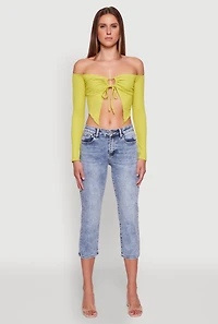 Womens Trendy Off Shoulder Textured Knit Tie Front Crop Top,