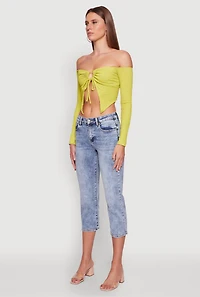 Womens Trendy Off Shoulder Textured Knit Tie Front Crop Top,