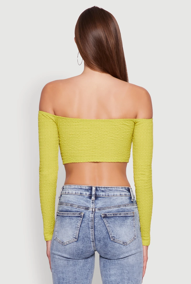 Womens Trendy Off Shoulder Textured Knit Tie Front Crop Top, Green, Size S