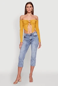 Trendy Off Shoulder Textured Knit Tie Front Crop Top