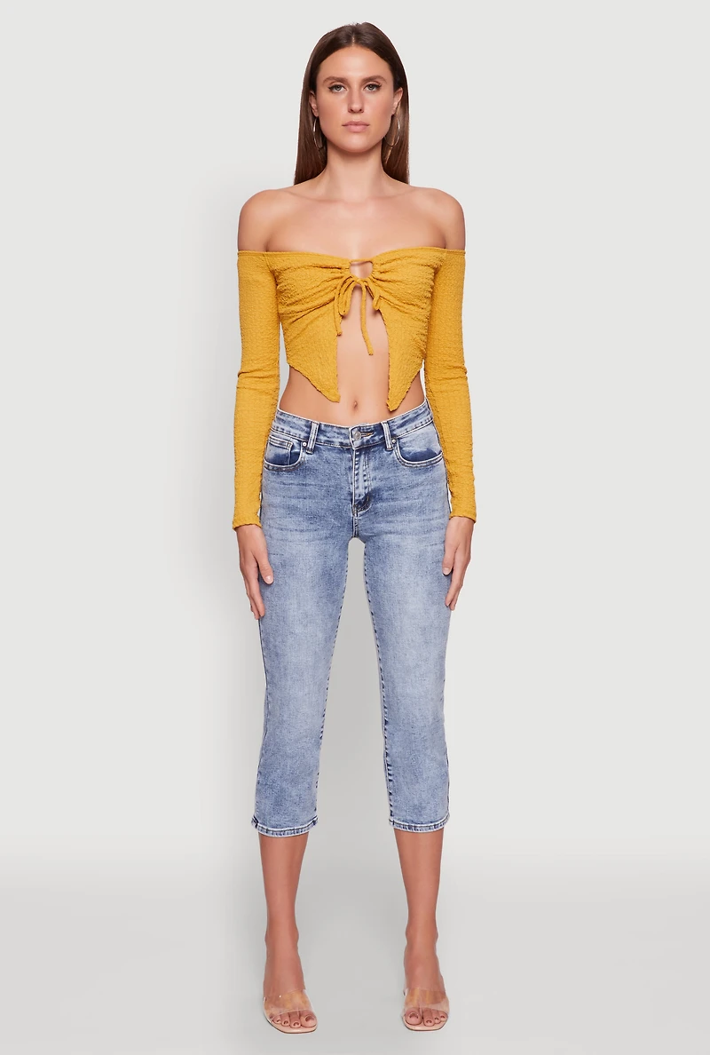 Trendy Off Shoulder Textured Knit Tie Front Crop Top