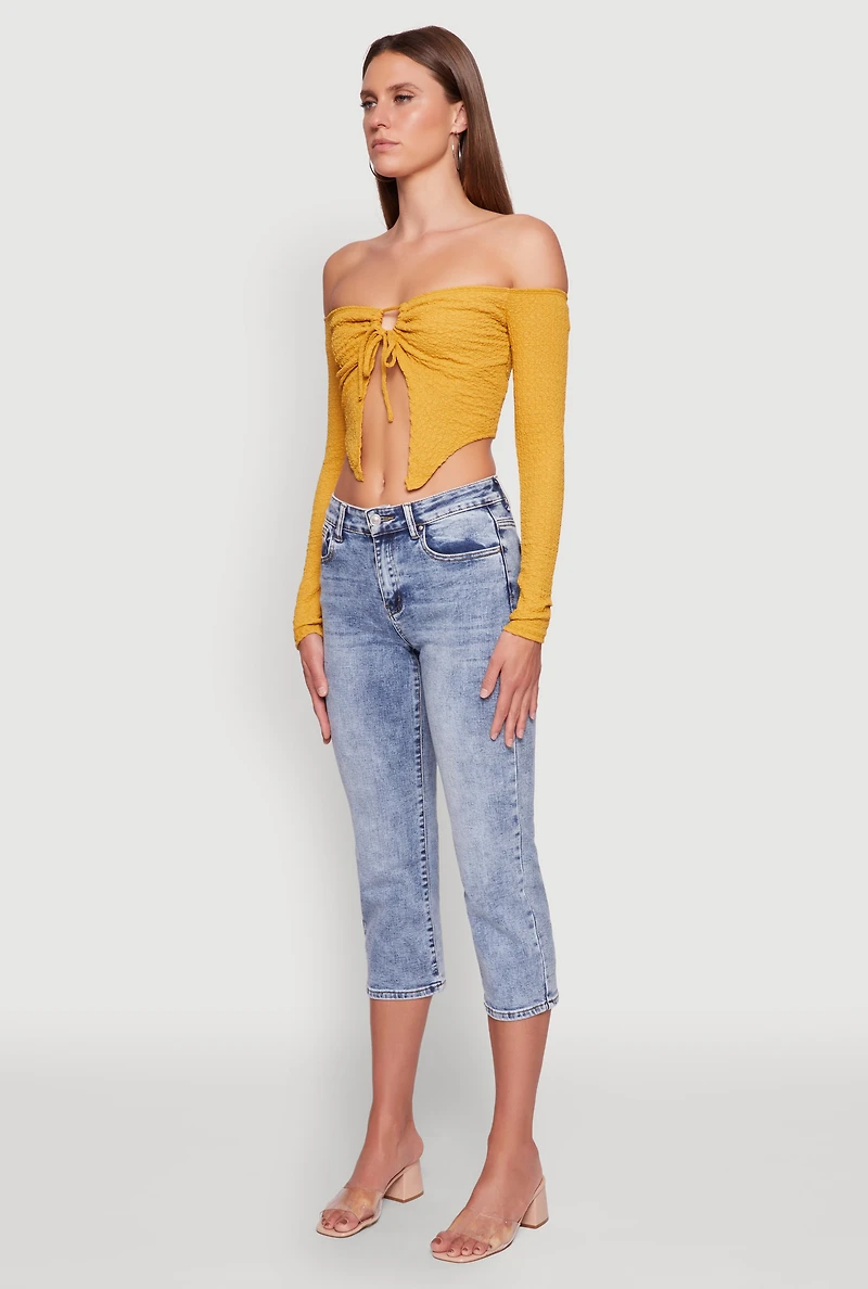 Womens Trendy Off Shoulder Textured Knit Tie Front Crop Top, Yellow, Size XL