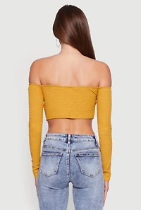 Trendy Off Shoulder Textured Knit Tie Front Crop Top