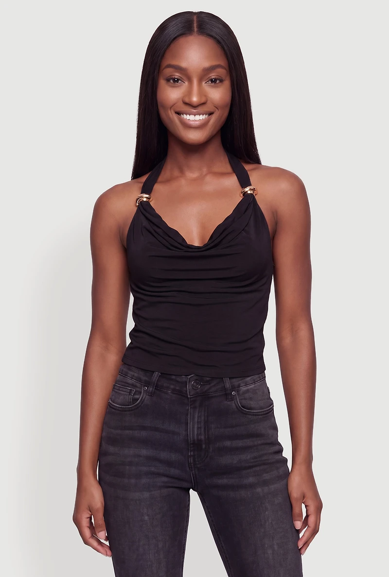 Metallic Detail Cowl Neck Halter Top