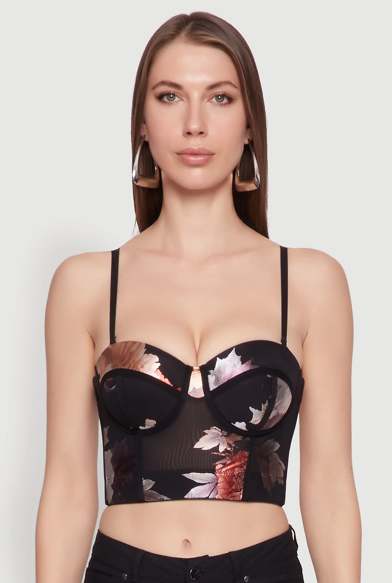 Womens Stylish Floral Mesh Bustier Crop Top,