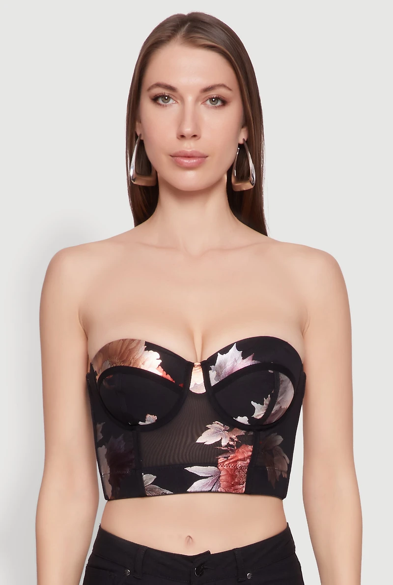 Womens Stylish Floral Mesh Bustier Crop Top, M