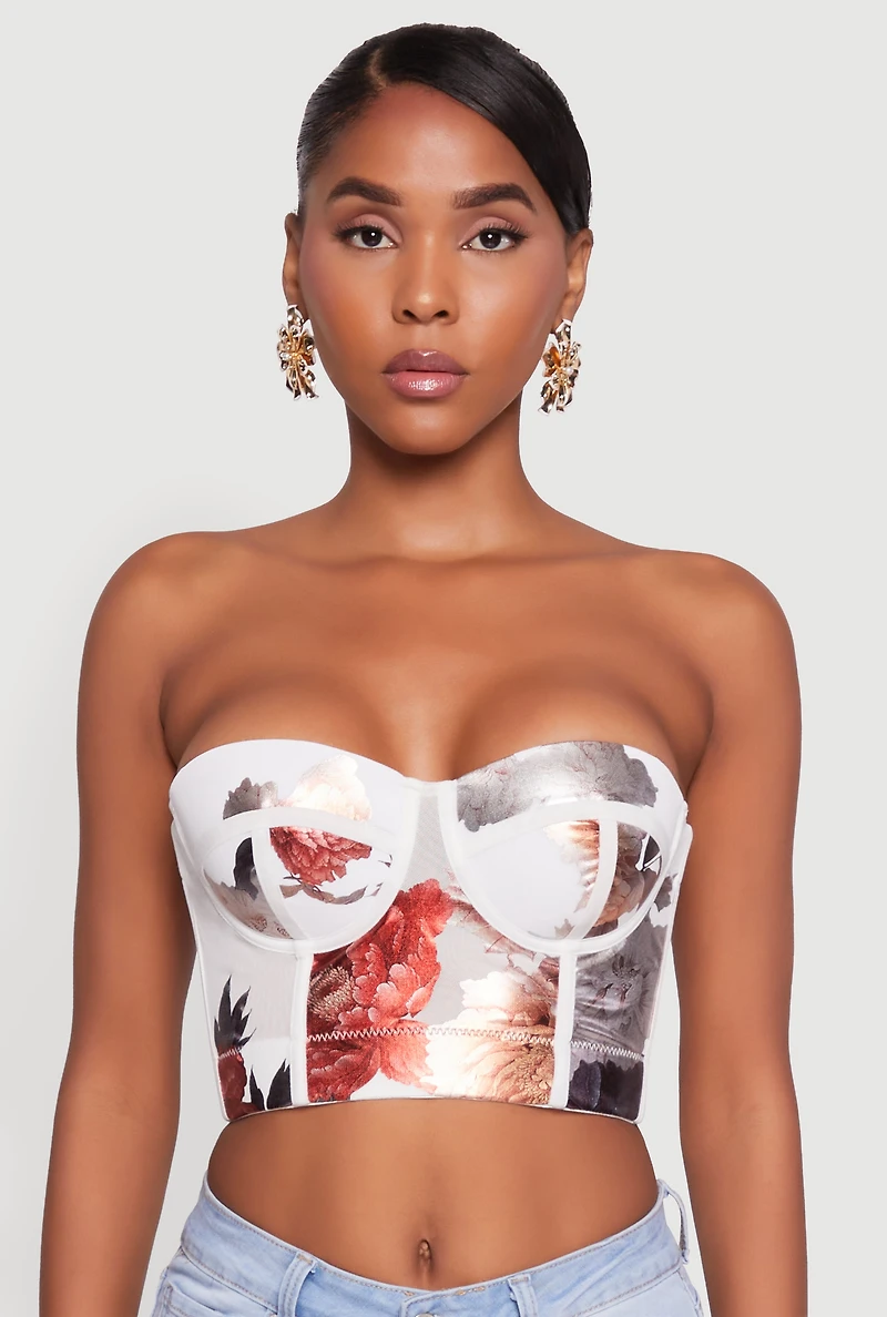 Womens Stylish Floral Mesh Bustier Crop Top, Multi, Size L