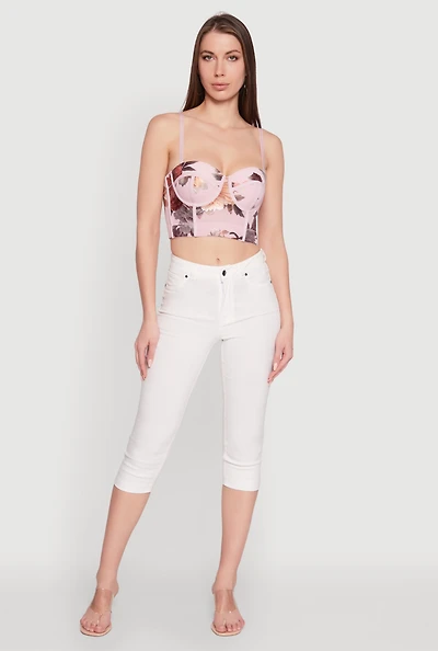Womens Stylish Floral Mesh Bustier Crop Top, Pink, Size L