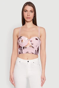 Womens Stylish Floral Mesh Bustier Crop Top, Pink, Size L