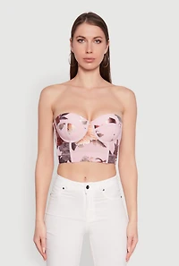 Womens Stylish Floral Mesh Bustier Crop Top, Pink, Size L