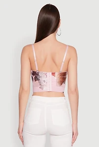 Womens Stylish Floral Mesh Bustier Crop Top, Pink, Size L