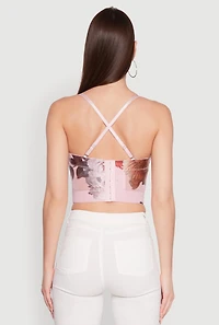 Womens Stylish Floral Mesh Bustier Crop Top, Pink, Size L