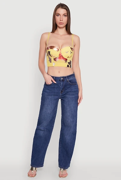 Womens Stylish Floral Mesh Bustier Crop Top, Yellow, Size M