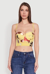 Womens Stylish Floral Mesh Bustier Crop Top, Yellow, Size M