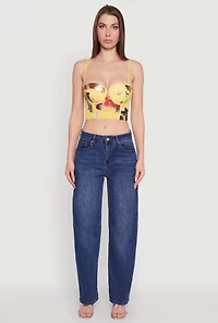 Womens Stylish Floral Mesh Bustier Crop Top, Yellow, Size M