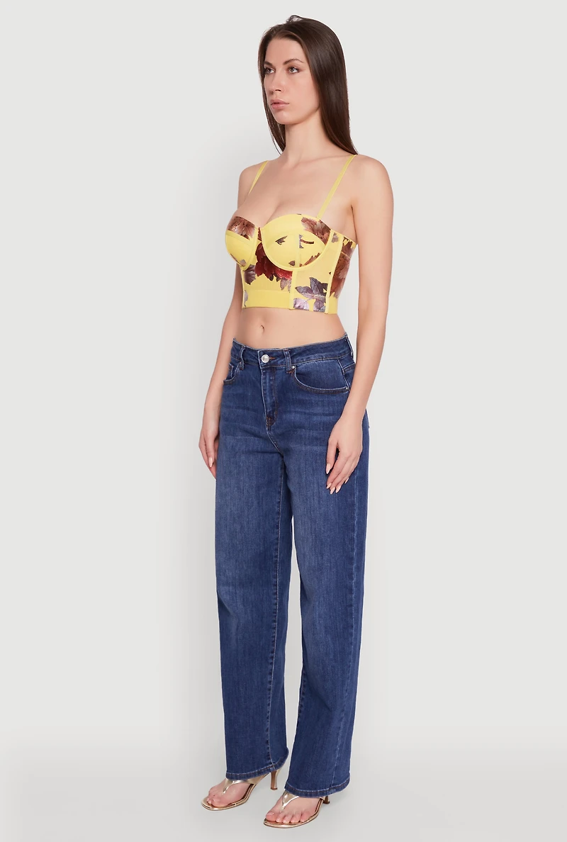 Womens Stylish Floral Mesh Bustier Crop Top, Yellow, Size M