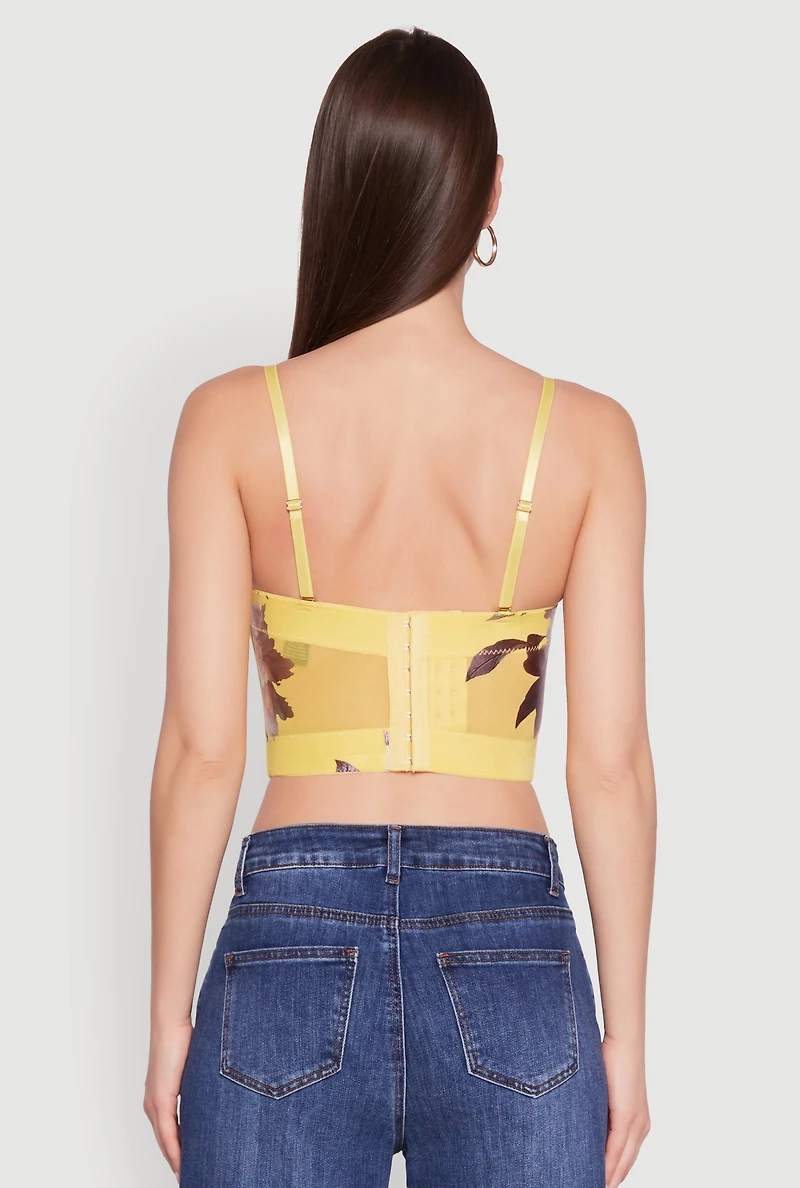 Womens Stylish Floral Mesh Bustier Crop Top, Yellow, Size M