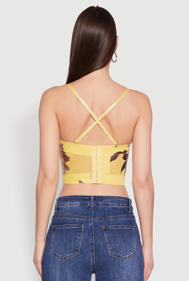 Womens Stylish Floral Mesh Bustier Crop Top, Yellow, Size M