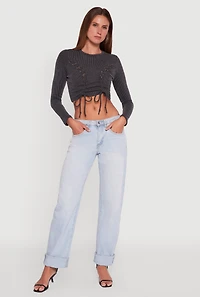 Womens Rib Knit Shadow Stripe Lace Up Crop Top, Grey, Size L