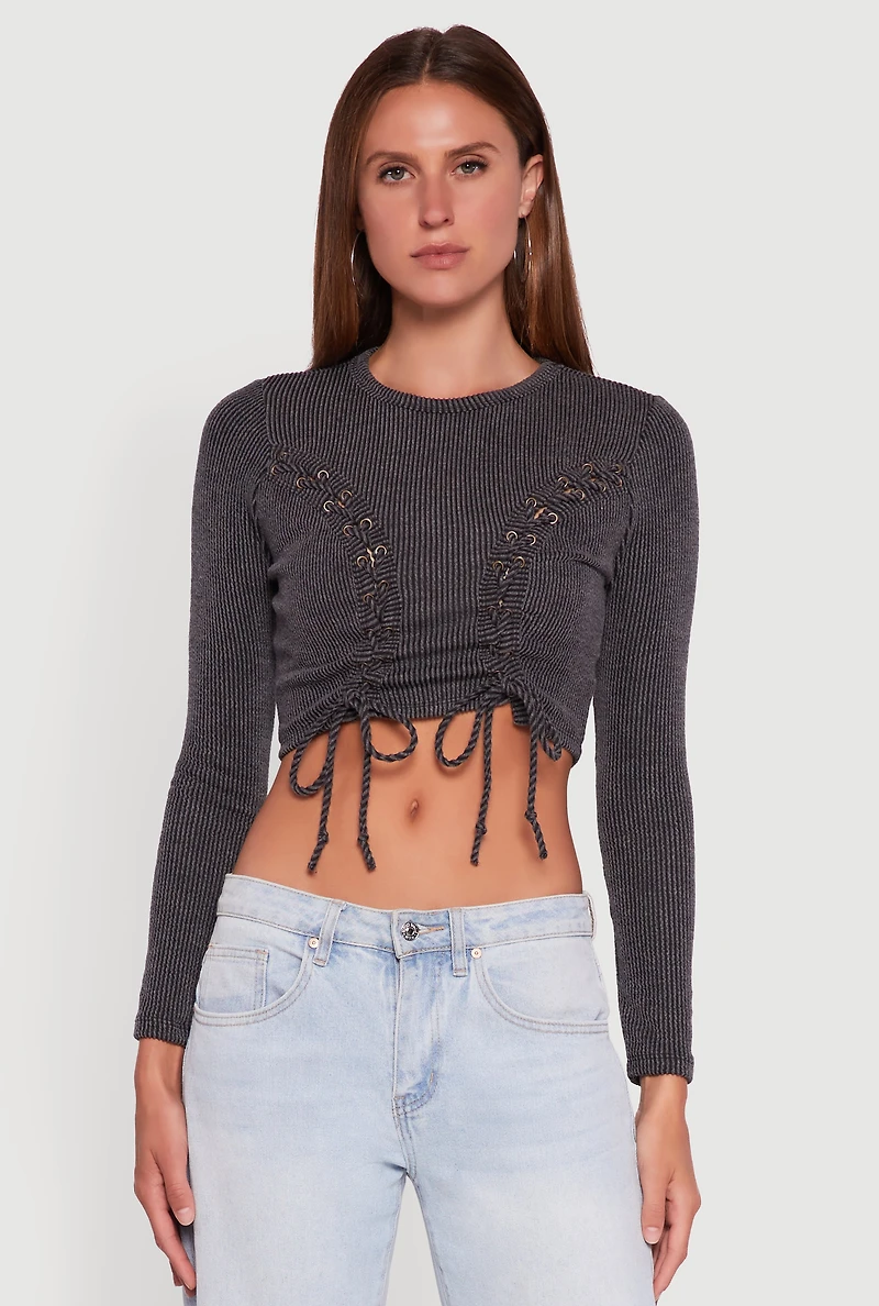Womens Rib Knit Shadow Stripe Lace Up Crop Top, Grey, Size L