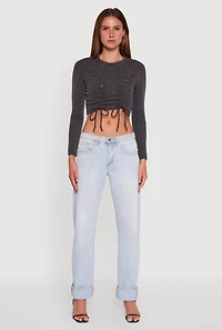 Womens Rib Knit Shadow Stripe Lace Up Crop Top, Grey, Size L