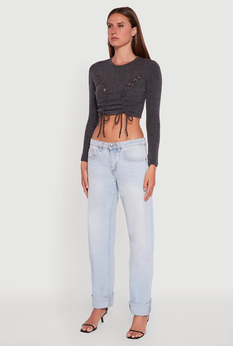 Womens Rib Knit Shadow Stripe Lace Up Crop Top, Grey, Size L