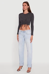 Womens Rib Knit Shadow Stripe Lace Up Crop Top, Grey, Size L
