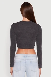 Womens Rib Knit Shadow Stripe Lace Up Crop Top, Grey, Size L