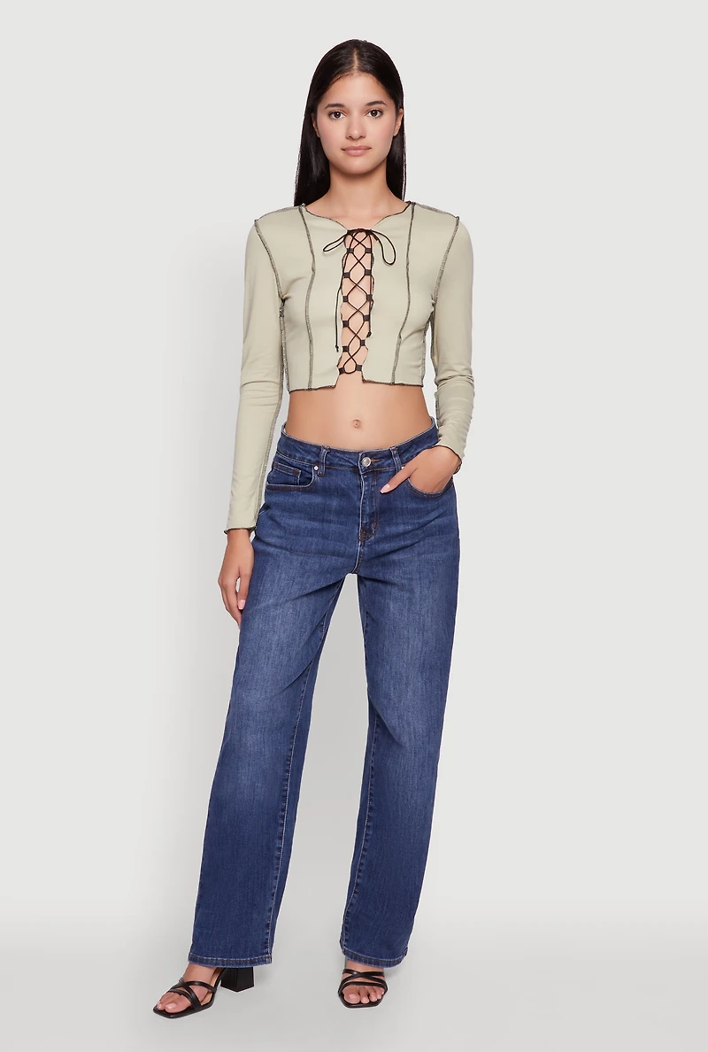 Womens Brushed Knit Lace-Up Long Sleeve Crop Blouse, Green,