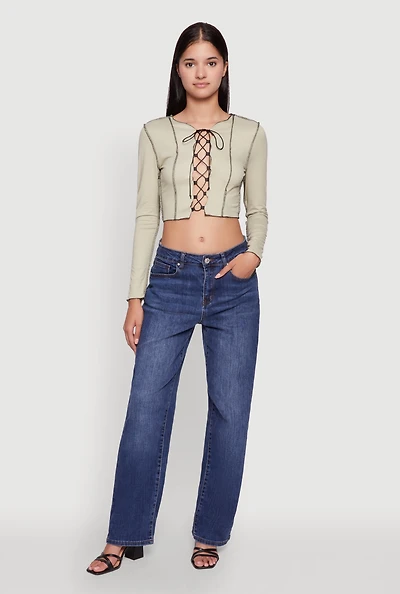Womens Brushed Knit Lace-Up Long Sleeve Crop Blouse, Green,