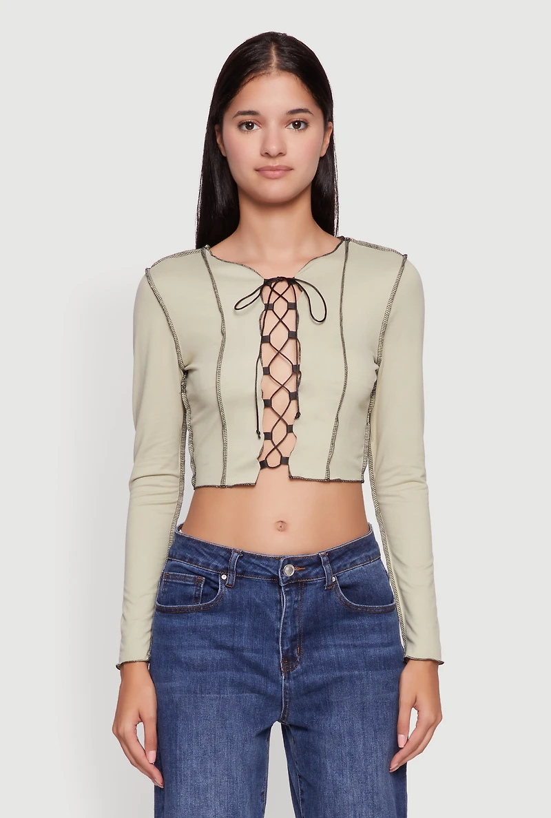 Womens Brushed Knit Lace-Up Long Sleeve Crop Blouse, Green,