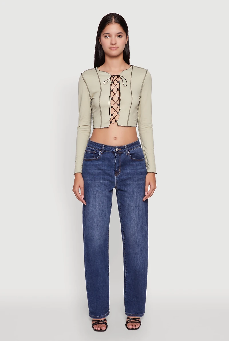 Womens Brushed Knit Lace-Up Long Sleeve Crop Blouse, Green,
