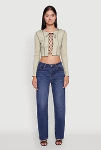 Womens Brushed Knit Lace-Up Long Sleeve Crop Blouse, Green,