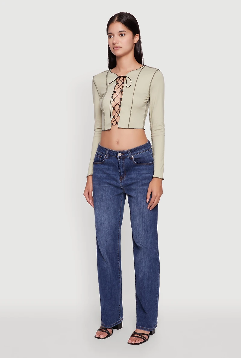 Womens Brushed Knit Lace-Up Long Sleeve Crop Blouse, Green,