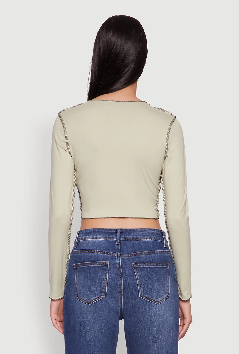 Womens Brushed Knit Lace-Up Long Sleeve Crop Blouse, Green,
