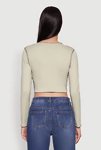 Womens Brushed Knit Lace-Up Long Sleeve Crop Blouse, Green,