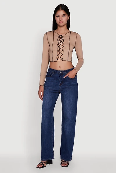 Womens Brushed Knit Lace-Up Long Sleeve Crop Blouse,