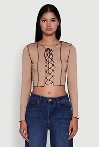 Womens Brushed Knit Lace-Up Long Sleeve Crop Blouse,