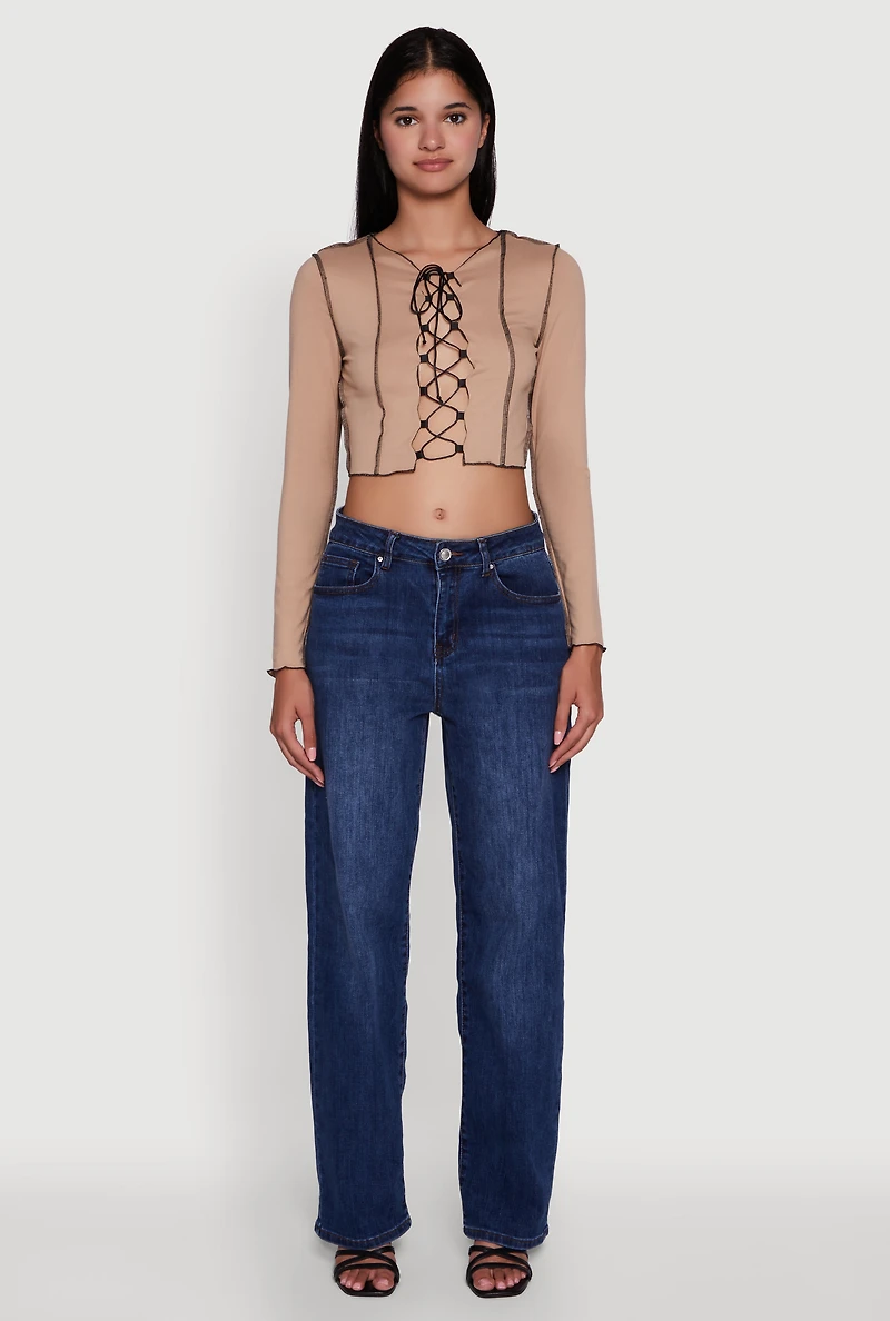 Brushed Knit Lace-Up Long Sleeve Crop Blouse