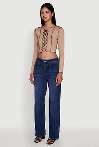 Womens Brushed Knit Lace-Up Long Sleeve Crop Blouse,