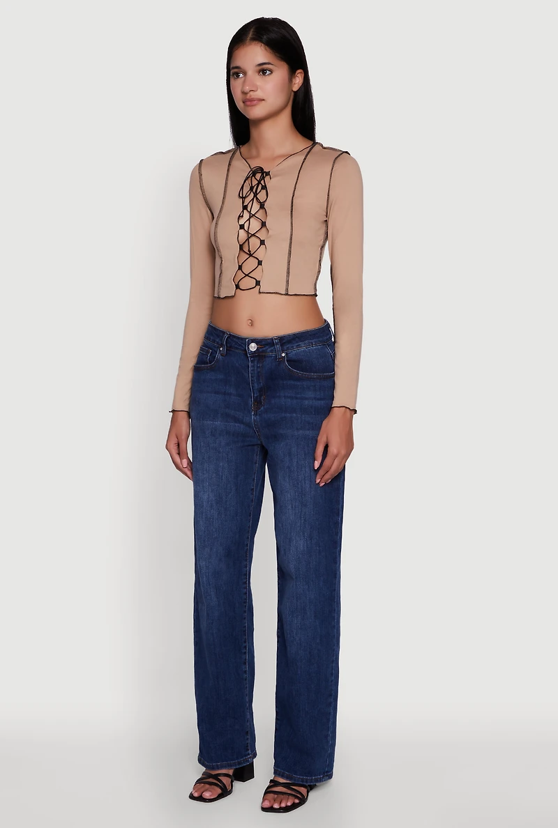 Brushed Knit Lace-Up Long Sleeve Crop Blouse
